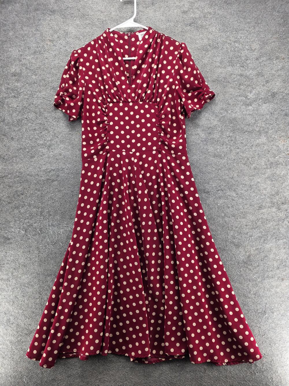 UniqueVintage Dress Womens L Red Polka Dot Fit & Flare Long V-Neck Ruched